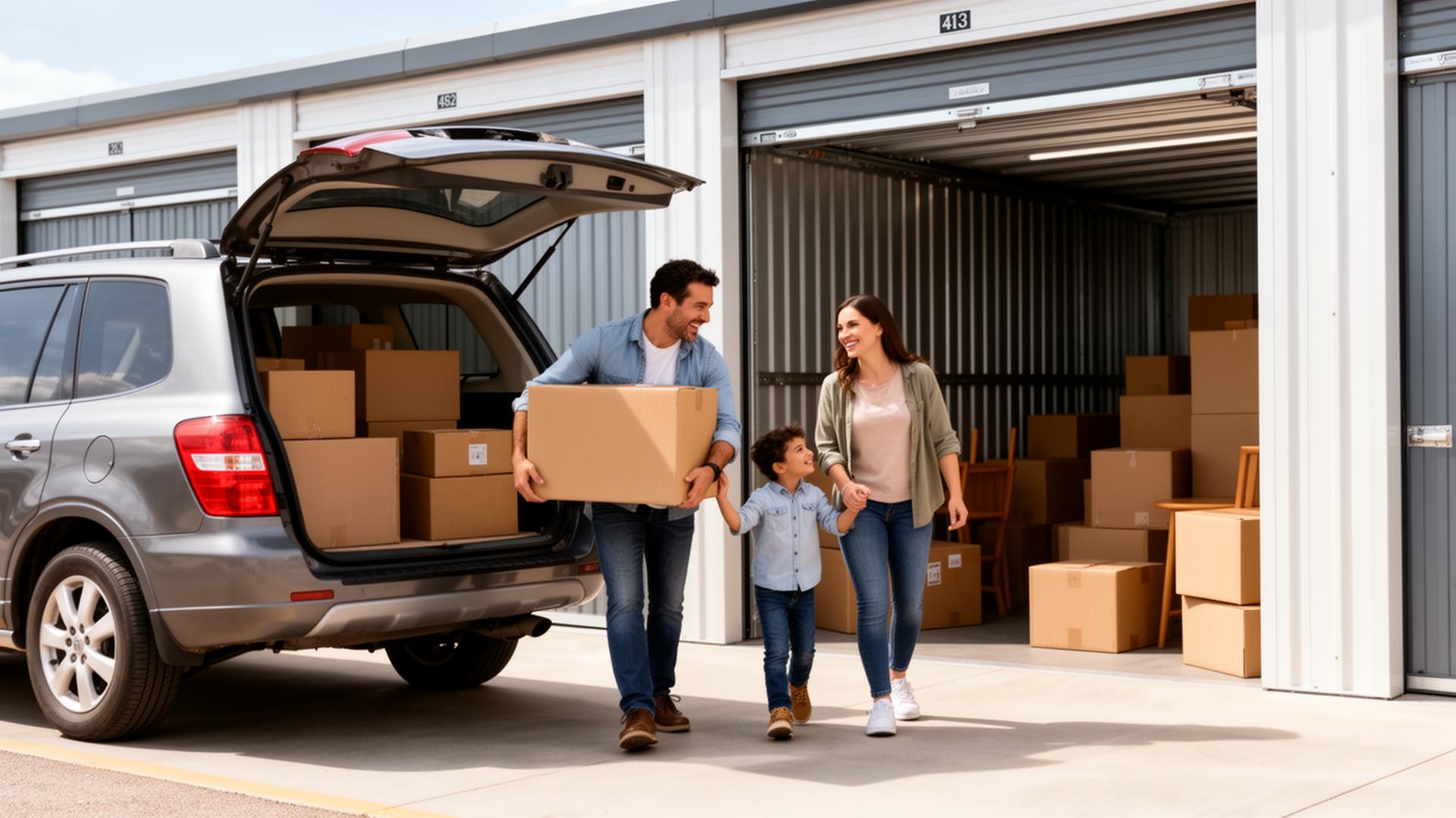 Family unloading boxes into a self-storage unit on moving day