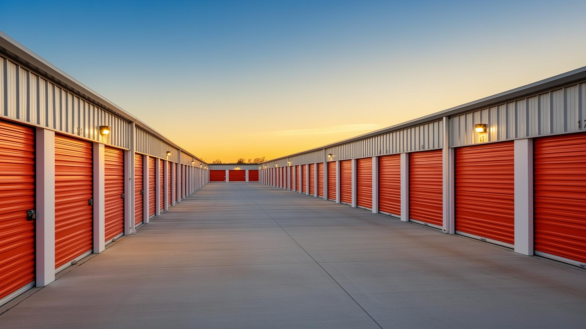 Modern self-storage facility at dusk